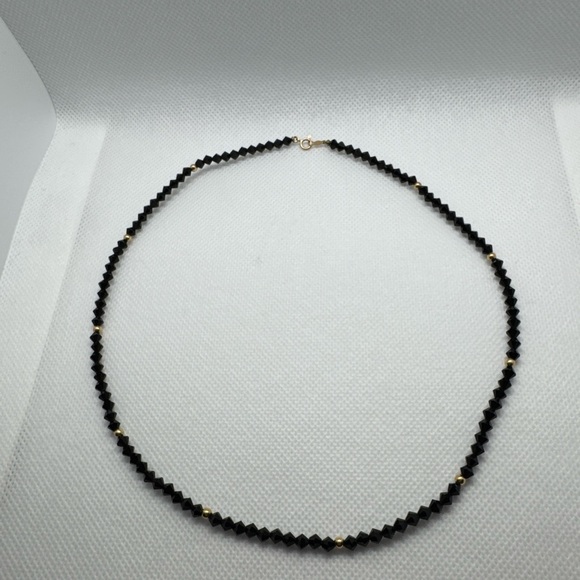Vintage 14k Yellow Gold Bead & Black Crystal Cone Bead Necklace 18” Elegant